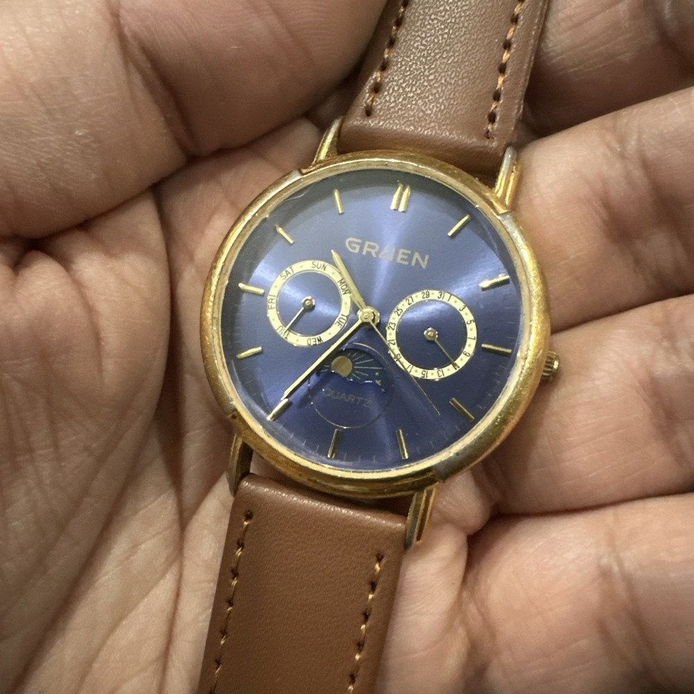 Works VTG Gruen Moonphase Chrono 36mm Mens Watch Blue Sunburst Quartz Day/date